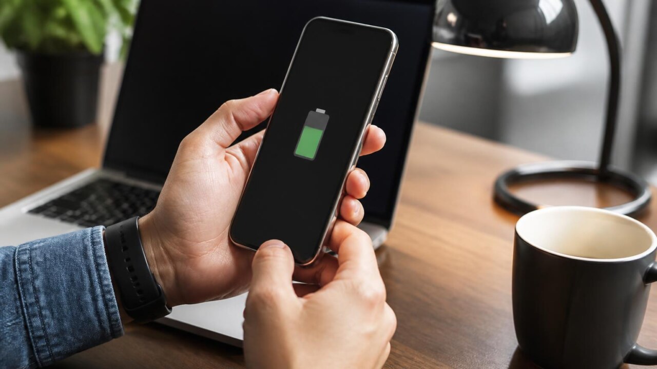 Pessoa checando informações de bateria em smartphone sobre mesa com laptop ao fundo