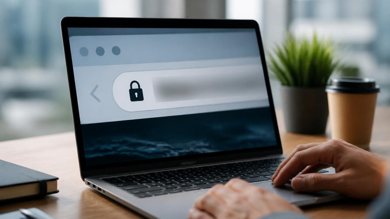 Pessoa verificando um cadeado na barra de endereço do navegador em um laptop