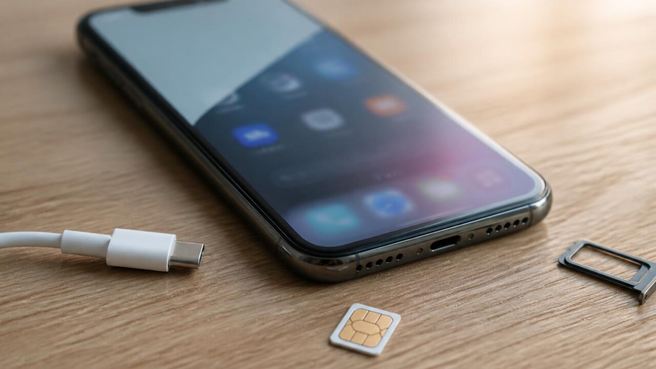 Smartphone moderno com tela de configurações e acessórios ao lado