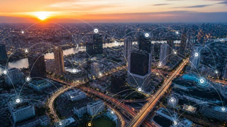 Representação 3D de uma cidade com camadas digitais e dados conectados