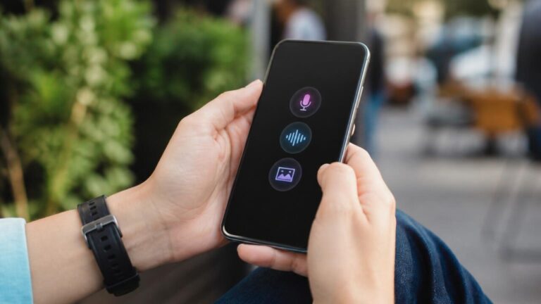 Pessoa usando smartphone com ícones de inteligência artificial na tela representando assistente, edição de foto e transcrição