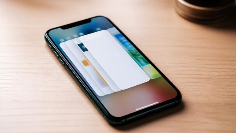 Smartphone com tela mostrando multitarefa, em fundo neutro
