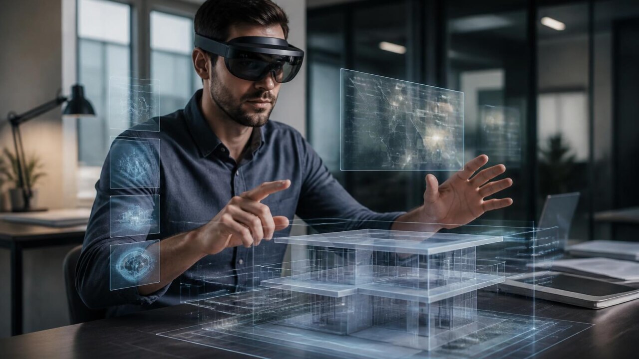 Pessoa usando óculos de realidade mista com elementos digitais integrados ao ambiente real
