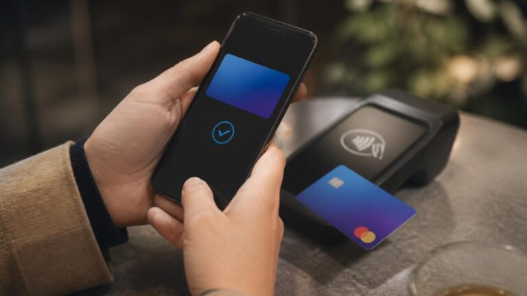 Pessoa usando smartphone com interface de pagamento digital visível na tela