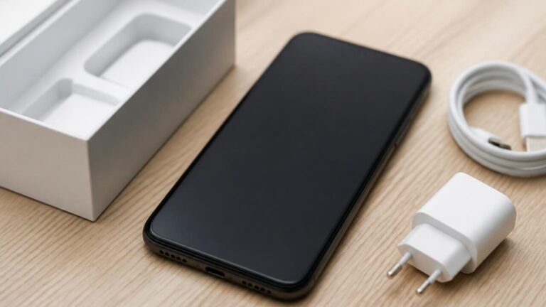 Pessoa segurando um smartphone limpo e pronto para venda sobre uma mesa com caixa e carregador.