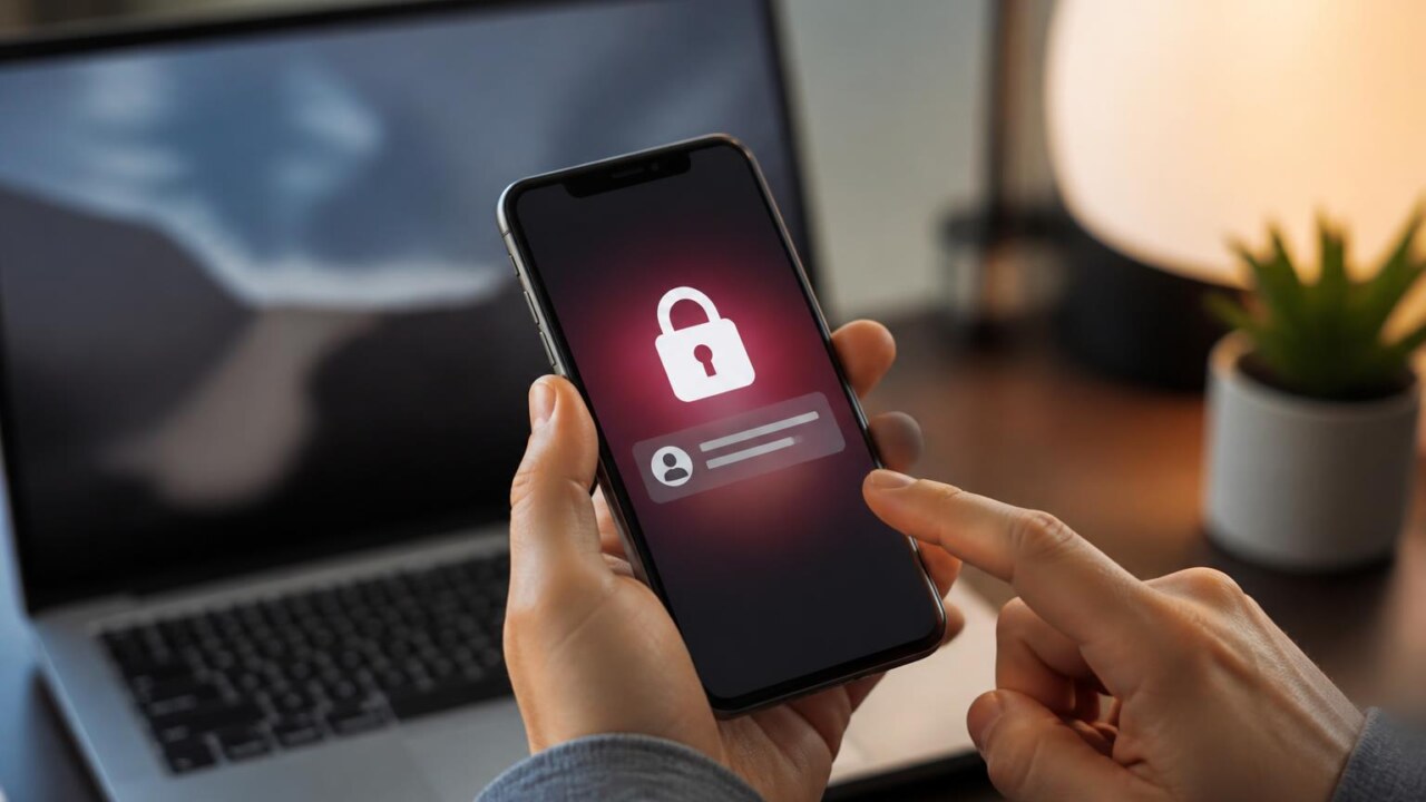 Pessoa verificando notificação de acesso desconhecido em smartphone ao lado de laptop
