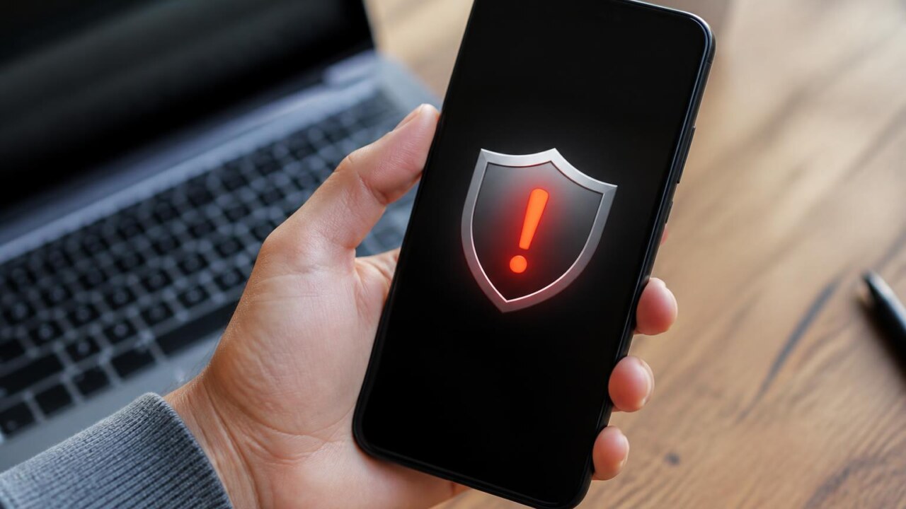Mão segurando smartphone com alerta de segurança na tela, simbolizando link suspeito