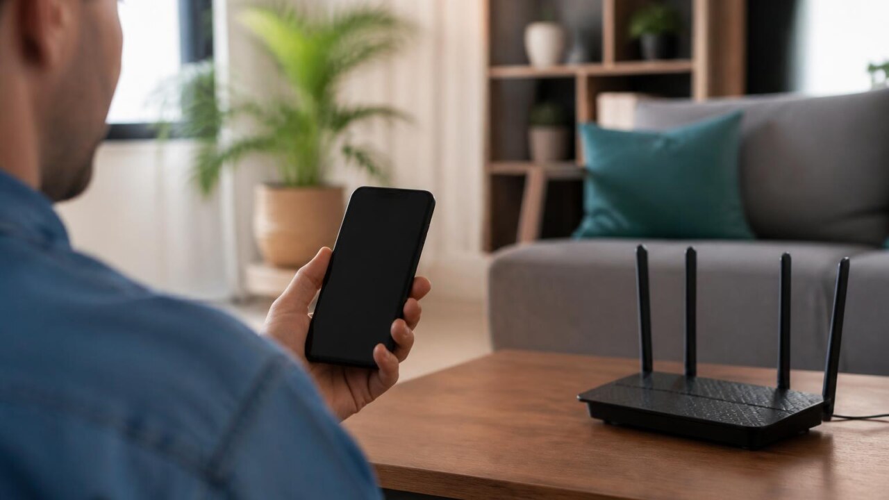 Pessoa segurando um celular próximo a um roteador Wi-Fi em casa