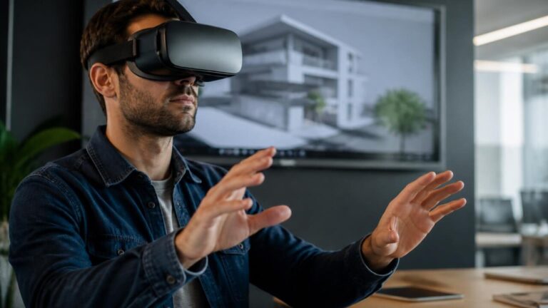 Pessoa usando headset de realidade virtual em ambiente de trabalho colaborativo