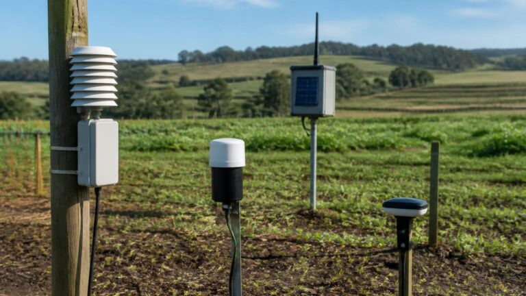 Conjunto de pequenos sensores eletrônicos instalados em ambiente externo para monitoramento ambiental