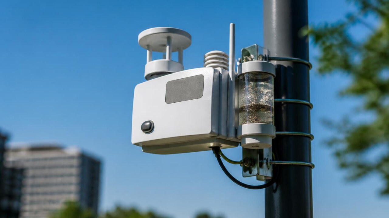 Sensor ambiental conectado instalado em poste urbano coletando dados de qualidade do ar