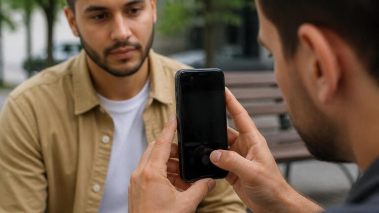 Pessoa segurando um celular usado durante inspeção antes da compra