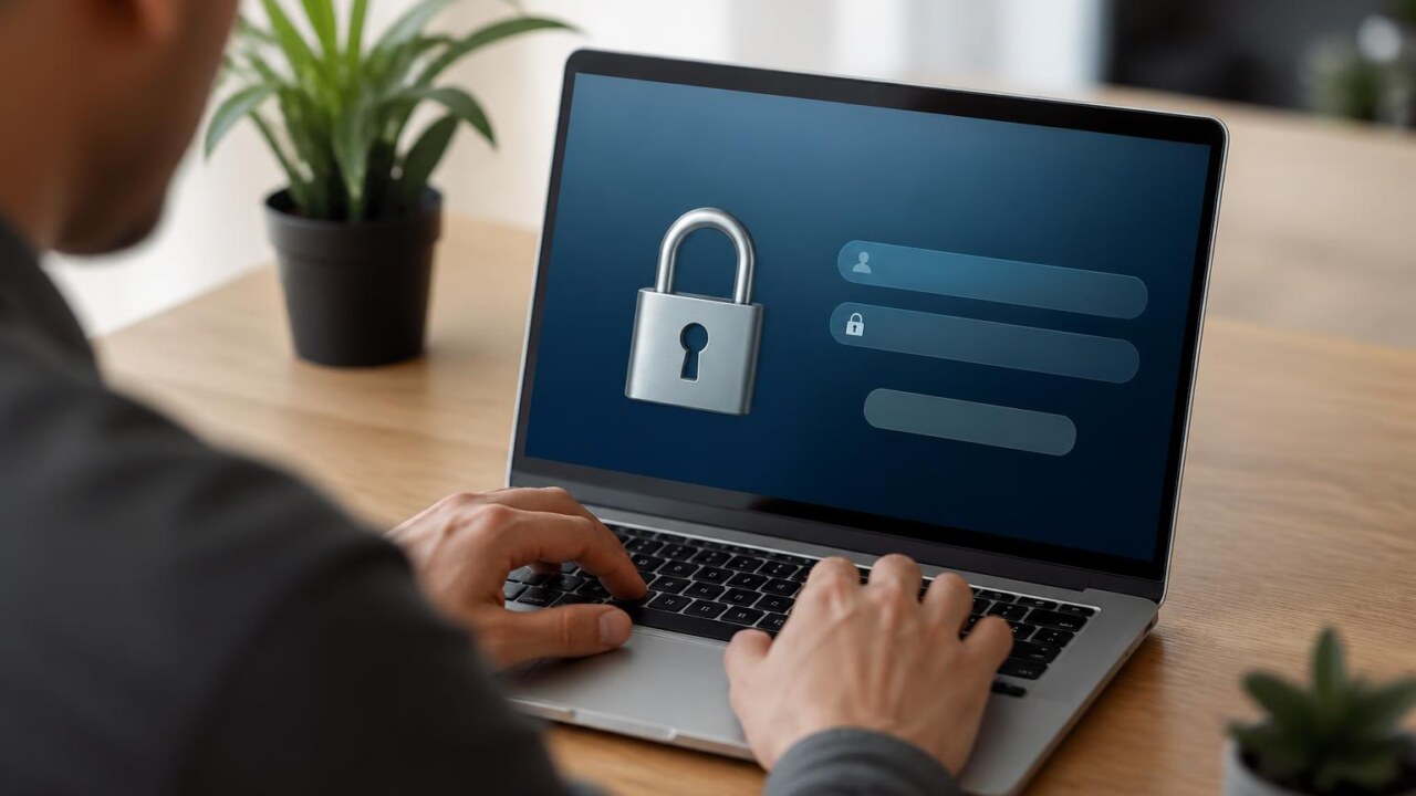 Pessoa preenchendo formulário online em laptop com cadeado digital representando segurança
