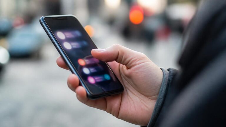 Pessoa segurando smartphone com ícones de notificação na tela em ambiente urbano