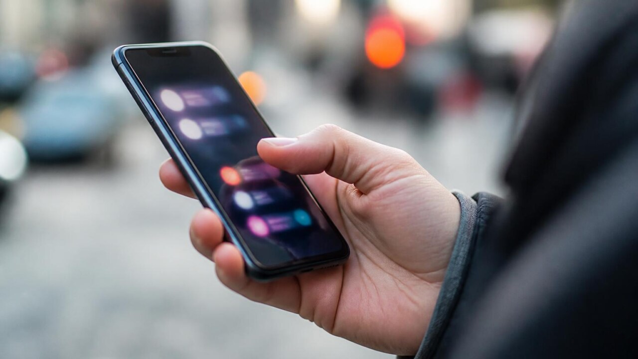 Pessoa segurando smartphone com ícones de notificação na tela em ambiente urbano