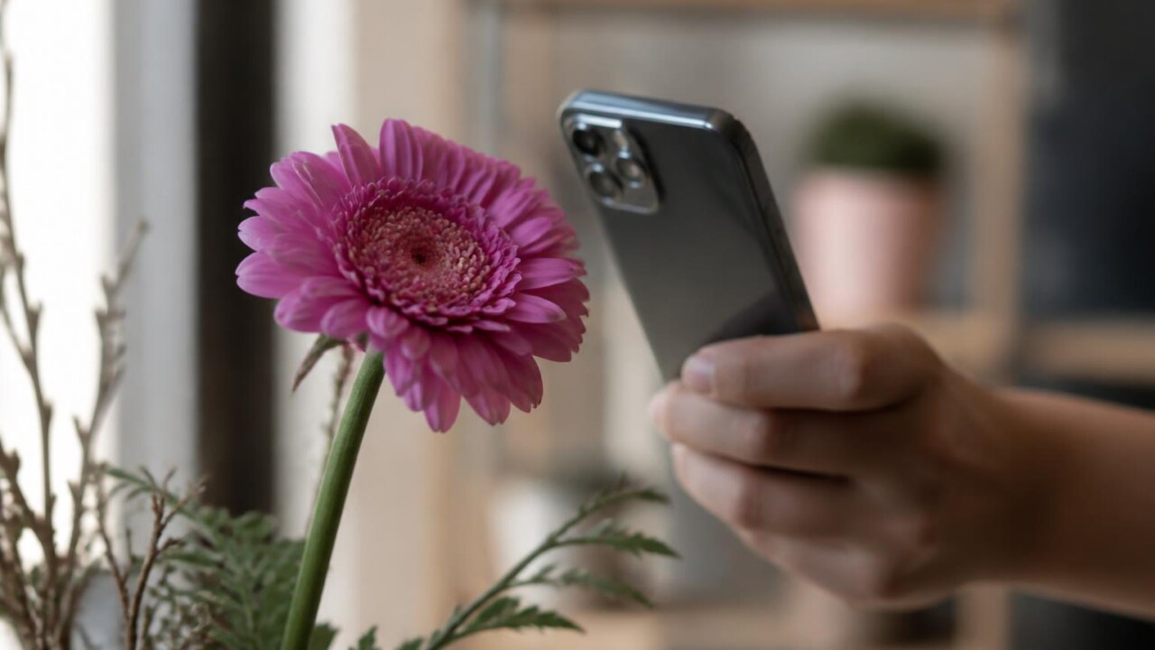 Pessoa segurando um celular aproximando a lente para focar uma flor em ambiente interno com pouca luz.