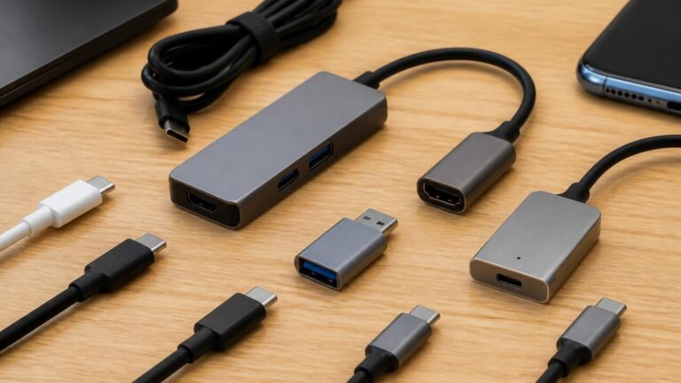 Vários cabos USB-C e adaptadores sobre uma mesa, mostrando conectores e etiquetas de especificação.