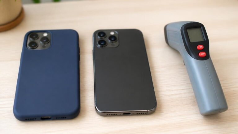 Smartphone com capa sendo comparado a smartphone sem capa em superfície, destacando aquecimento