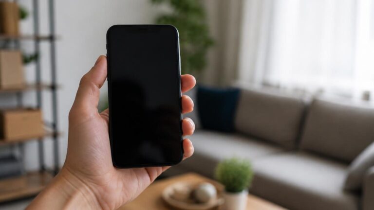 Pessoa segurando smartphone com a tela bloqueada em ambiente doméstico