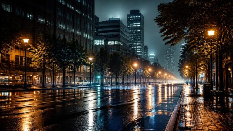 Fotografia noturna com construção iluminada e leve granulação visível