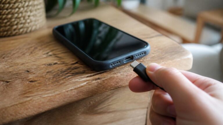 Pessoa conectando um smartphone a um carregador em uma mesa, close na porta e cabo