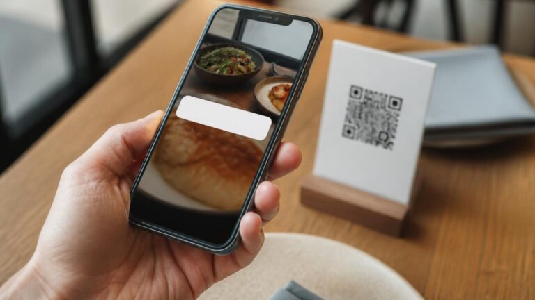 Pessoa usando celular para escanear QR Code em cardápio de restaurante, com atenção à URL exibida na tela.