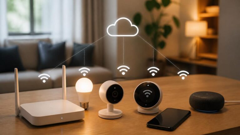 Vários aparelhos conectados em uma mesa com ícones de conexão representando interoperabilidade e desafios de integração