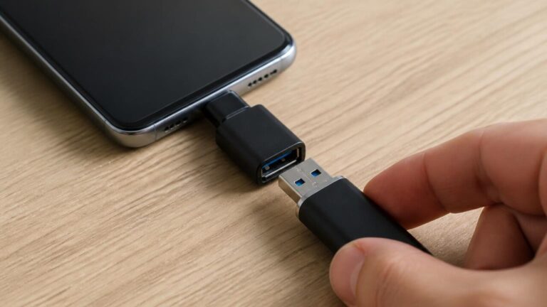 Mãos conectando um pendrive a um celular com adaptador USB OTG em mesa de trabalho