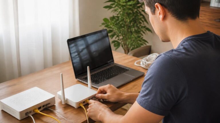 Pessoa ajustando um roteador e um ponto de acesso em mesa, com laptop ao lado